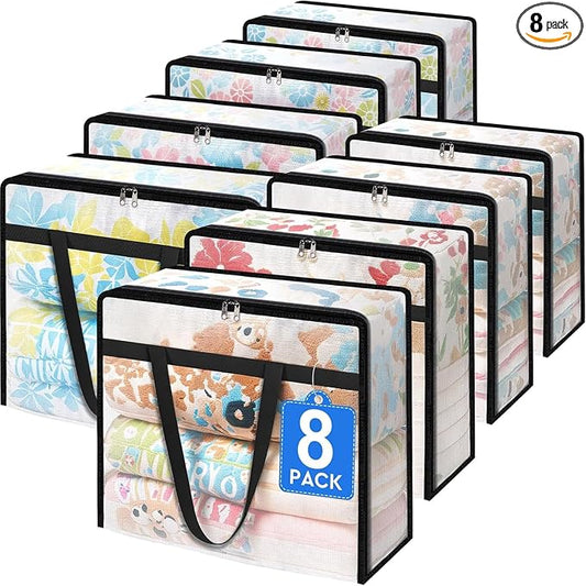 BlissTotes 8 Pack Clear Clothes Storage Bags, Moving Bags, Foldable Blanket Storage Under Bed Storage Containers with Sturdy Zipper and Handle for Clothing, Comforter, Bedding, Sheet (60L)