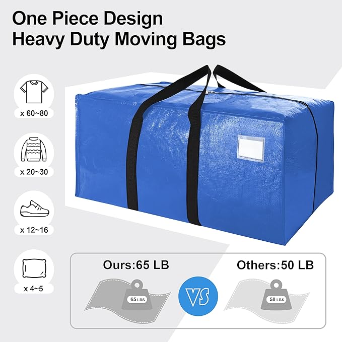 VELVETSURE Heavy Duty Extra Large Moving Bags W/Backpack Straps - Strong Handles & Zippers, Storage Totes For Space Saving, Fold Flat, Alternative to Box and Bin (Set of 6, Multicolor)