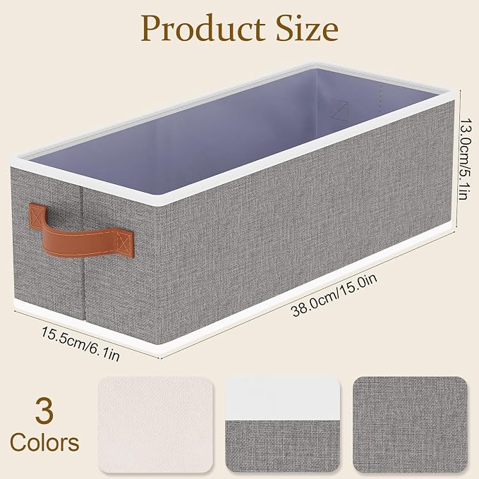 Foldable Long Storage Boxes,15x6x5 In,Gray Fabric Bins,5-Pack | Storage Basket with Double Handles,Damp-Proof PP Panel Organizer Bins,Decorative Linen Bathroom Containers