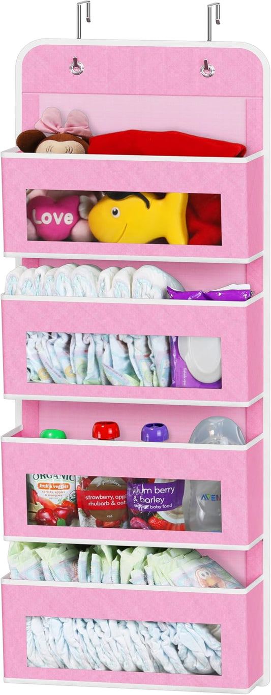 Simple Houseware 4 Clear Window Pocket Over Door Hanging Organizer, Pink | Over the Door Storage for Closet, Bedroom, Bathroom, Pantry