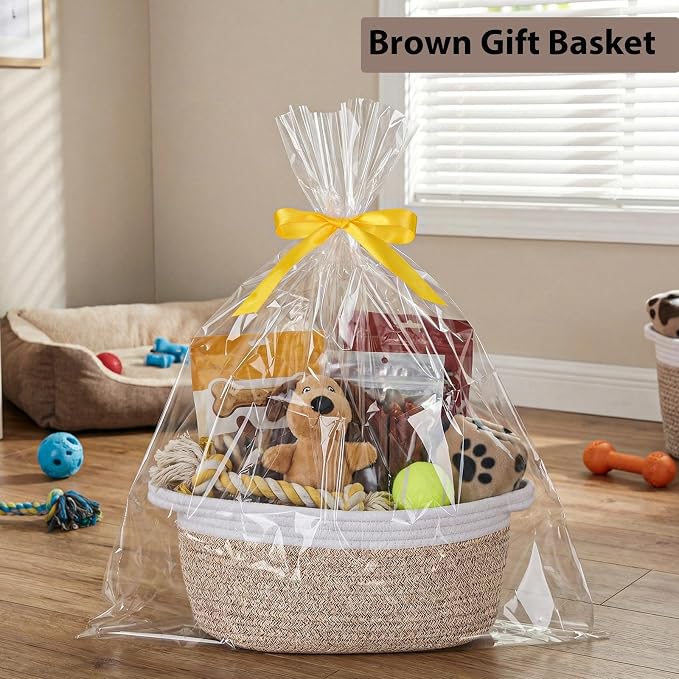woric Small Woven Storage Basket Dog Toy Baskets for Gifts Empty | Cotton Rope Basket with Handle Graduation Decorative Baskets (Brown 12"X 8" X 5" with Gift Bag Card Ribbon Tissue Paper)