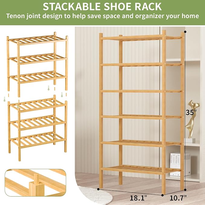 ROMGUAR CRAFT 6-Tier Bamboo Small Shoe Rack, Free Standing Wood Shoe Shelf Storage Organizer for Closet Entryway Stackable (Natural)