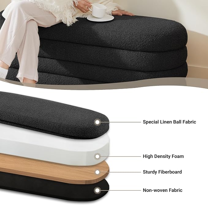 Busaurus Storage Ottoman Bench 49.2 Inch Upholstered Fabric Storage Bench for Bedroom End of Bed Aesthetic Large Oval Ottoman for Living Room Entryway (Black)