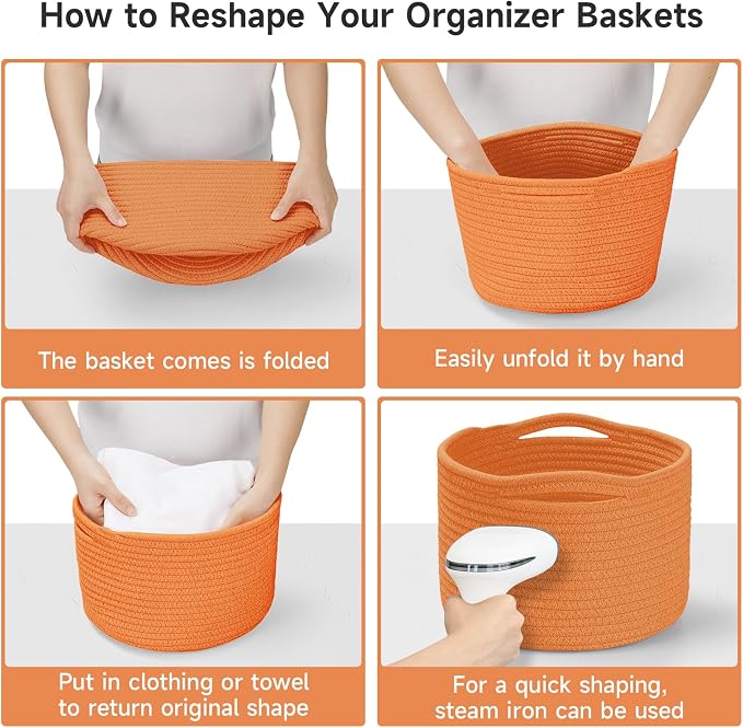 3 Pack Small Rope Storage Baskets, 9.82×9.82×7.1", Orange | Cotton Basket for Gifts Empty, Cute Round Woven Basket, Decorative Shelf Basket Organizer, Organizing Basket for Shelves
