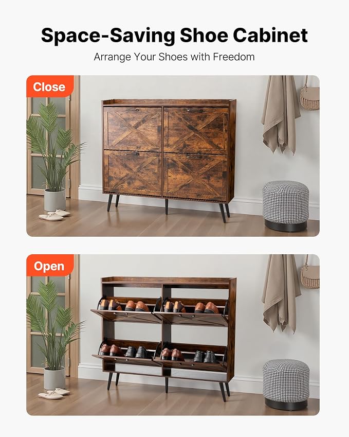 VEVOR Shoe Cabinet with 4 Flip Drawers, Farmhouse Shoes Storage Cabinet with Wood Legs and Anti-Tipping Device, Freestanding Shoe Organizer Ideal for Entryway, Hallway, Bedroom, Living Room, Brown