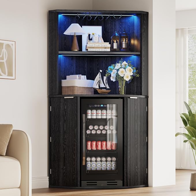 kepptory 71" Extra Large Triangle Corner Bar Cabinet with Mini Fridge Space | Full RGB LED Liquor Cabinet with Wine Glass Rack, Oversized Fluted Storage Buffet for Living Room Kitchen