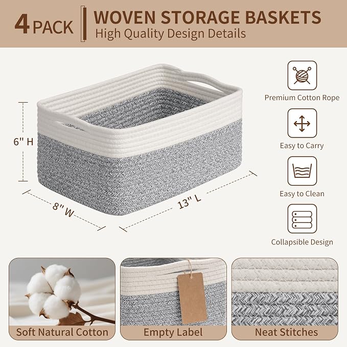Goodpick 4 Pack Woven Storage Baskets with Handles, Gray & White | 13" x 8" x 6", Rectangle Design, Shelf & Closet Organization, Nursery Essentials, Baby Toys, Books & Home Storage