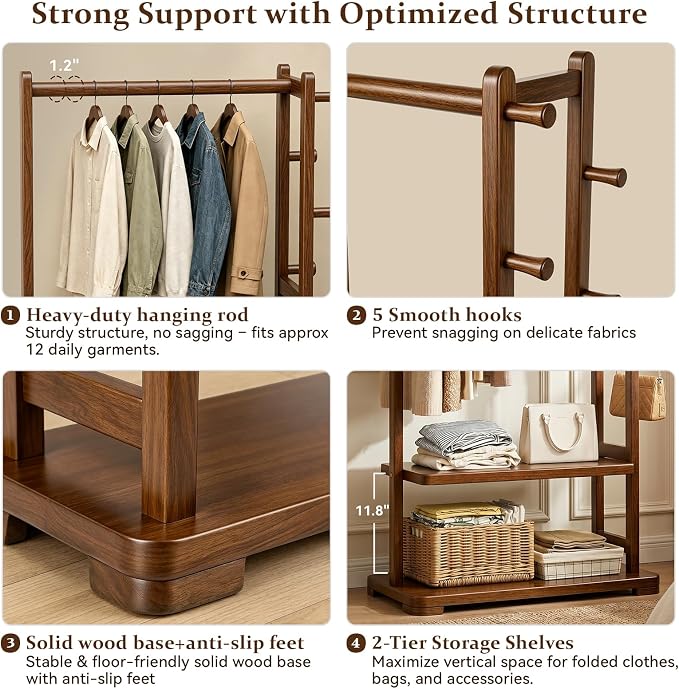 Taitiy Coat Rack Solid Wood Hall Tree Storage 2 Shelves 5 Hooks | Entryway hallway bedroom, durable solid wood construction, freestanding storage design, coats hats bags wallets