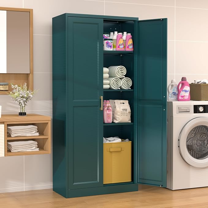 71" Tall Green Metal Storage Cabinet with Doors, Heavy Duty | Freestanding Steel Kitchen Pantry Cabinet, 4 Adjustable Shelves (180 Lbs Load), Tall Cabinets for Home, Laundry and Bathroom