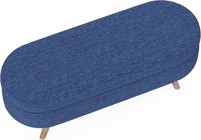 43.5” Storage Ottoman Bench，Upholstered Oval End of Bed Bench for Bedroom | Modern Linen Ottoman with Storage, Entryway Foot Rest with Wooden Legs, Lift-Top Lid with Safety Hinge, Living Room, Blue