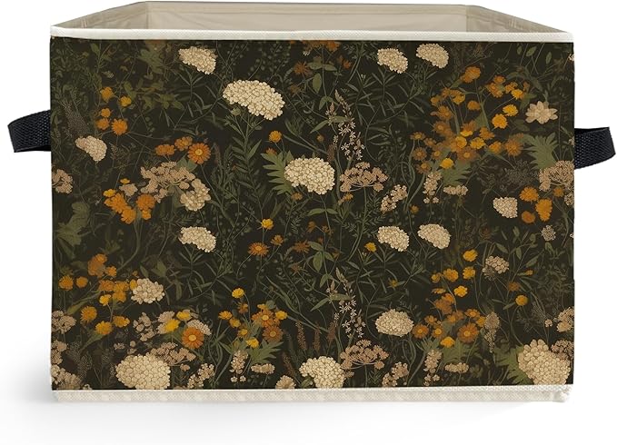 Vintage Rustic Floral Storage Box Bins, Dark Cottagecore Wildflower Collapsible Storage Basket Organizer for Bedroom Laundry Room Home Clothes Books, Decor for Room