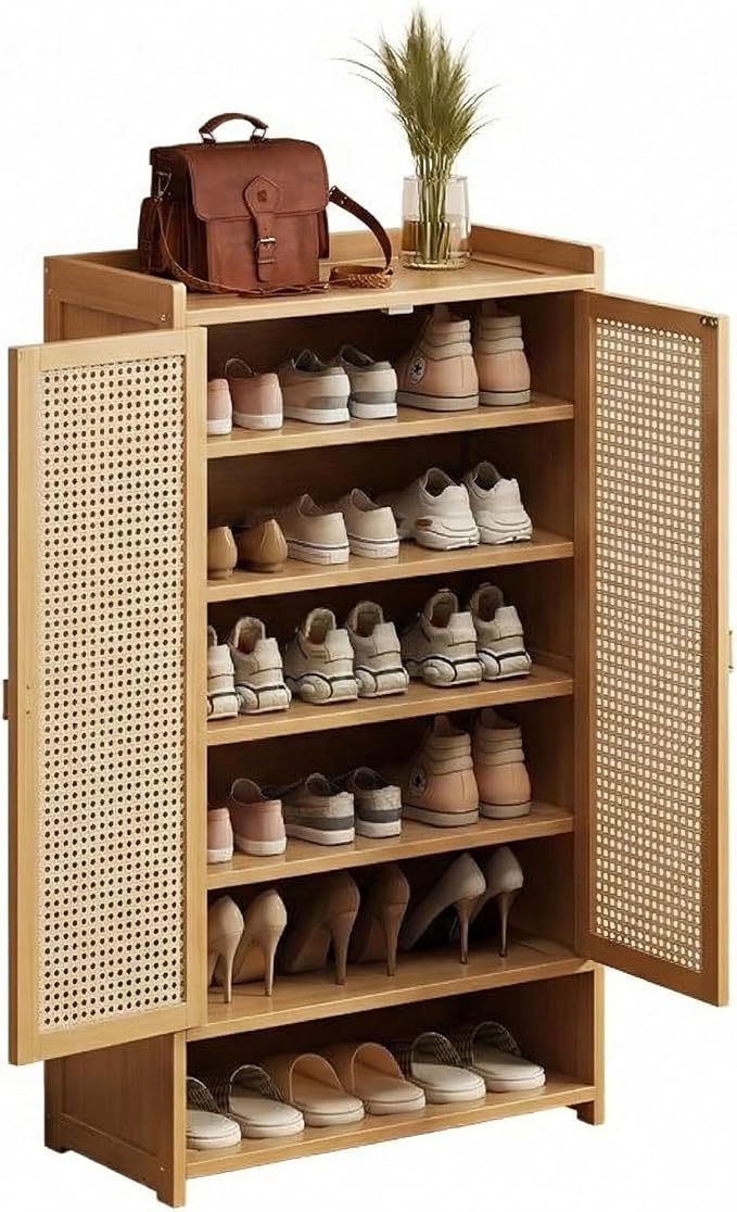 SACSTAR Shoe Storage Cabinet 23.6" L x 12.6" W x 36.6" H Compact Entryway Shoe Rack with 2 Doors & 7 Shelves, Natural Bamboo & Rattan Design Ideal Shoe Organizer for Small Spaces