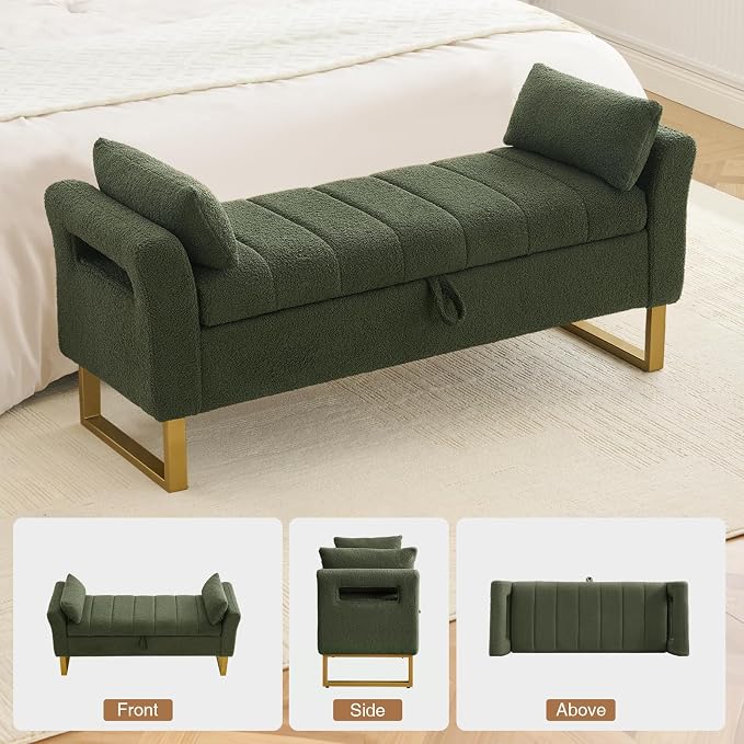 52" Storage Bench for Bedroom Upholstered End of Bed Bench Queen Size Green | Bedroom Benches for Foot of Bed Queen with Gold Legs,2 Pillows,Teddy Storage Ottoman Bench for Bedroom,Entryway,Cloakroom