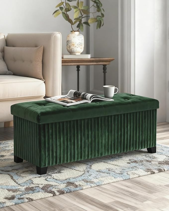LITZFUR 43 Inches Storage Ottoman Bench, Velvet Foot Rest Stool, Green | Folding Ottoman with Legs, End of Bed Bench, Storage Chest for Living Room, Bedroom