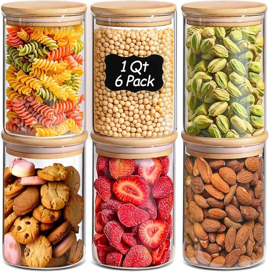ComSaf Glass Storage Containers wtih Lids 1 Qt, Set of 6 Food Storage Jars | Round Glass Jars With Bamboo Lids, Kitchen Canisters 32oz, Pantry Organizers, Tea, Spice, Coffee, Dry Food Storage, BPA Free