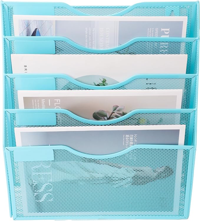 EASEPRES 5 Pocket Mesh Hanging Wall File Organizer, Wall Mounted Mail Paper Document Folder Holder, Clipboard Storage Organization Magazine Rack with Nametag Label for Office Home School, Blue