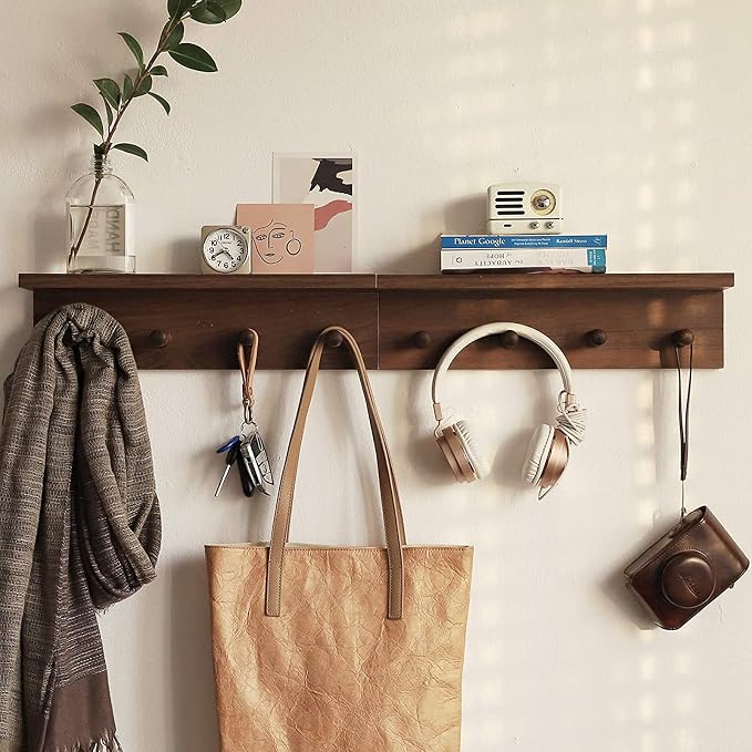 Entrance Coat Rack ，Coat Hooks, Wall-Mounted Wooden Hook Rack, Wall-Mounted Shelves are Very Suitable (Walnut Color Finish—A-1)
