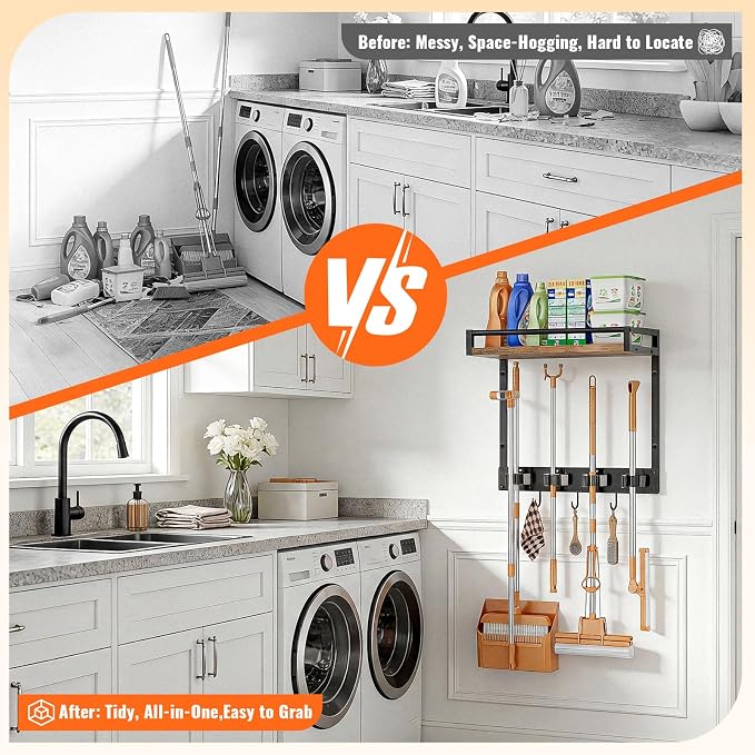 Broom Holder Wall Mount with Shelf, 15.7" Wx6.7 Dx15.7 H, 2 Packs | Load 66LBS, 4 Mop Hanger Grippers, 3 Hooks, for Laundry Room, Garage, Utility Closet, Kitchen