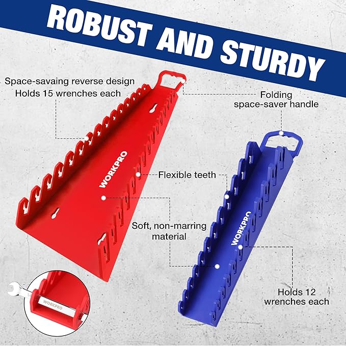 WORKPRO 4-Pack Magnetic Wrench Organizer,15-Slot and 12-Slot Gripper Holder | for Tool Boxes, Flexible Gripping Teeth and Carrying Handle, Fit for SAE and Metric, Blue, Red