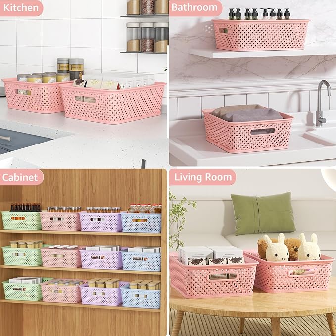 MaxGear 3 Pack Plastic Storage Baskets, Large, Pink | Durable Woven Plastic with Built-In Handles, Suitable for Shelves, Closets, Cabinets, Bathrooms and Offices