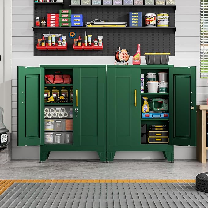 GAIOUS Green Sideboard Buffet Cabient, 35.83" Steel Kitchen Pantry Storage Cabinet with 2 Doors and 2 Adjustable Shelves, Bathroom Floor Storage, Freestanding Cupboard for Office/Kitchen/Home