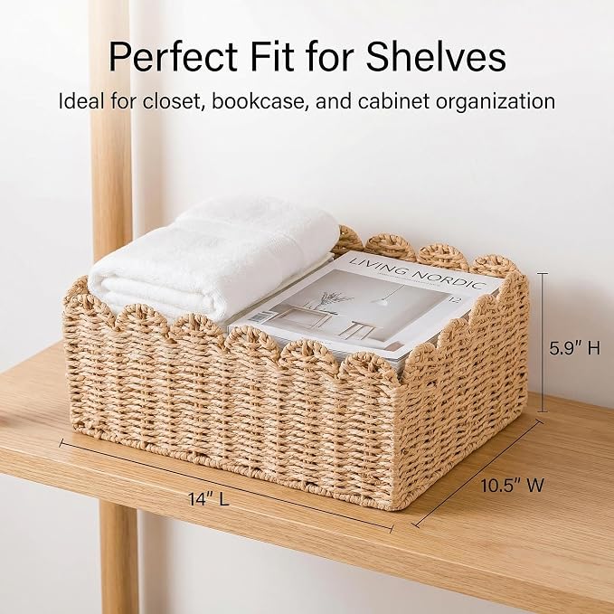 Scalloped Basket, Paper Rope Wicker Storage Baskets 14" L x 10.5" W x 5.9" H, Hand Woven Baskets for Shelves, Rattan Organizing Baskets for Living Room, Bedroom, Table, Bookcase, Shelf (Large)