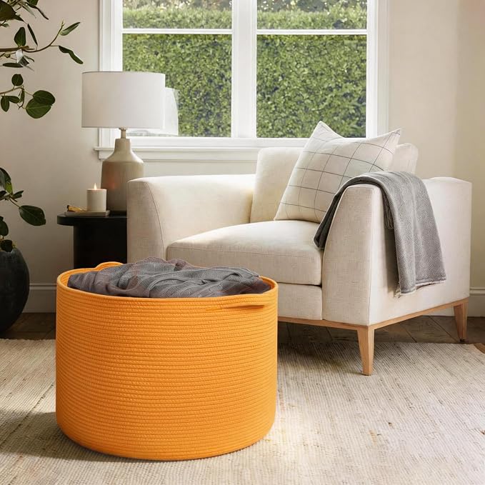 Extra Large 115L Orange Basket, 23.6"x15.7" Woven Cotton Rope Bins for Blankets, XXXL Baby Nursery Laundry Towel Basket, Oversized Kids Dog Toy Storage Box, Orange Living Room Decor Organizer