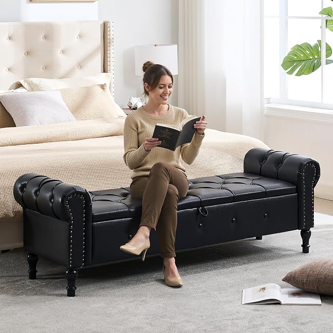 Storage Bench 67" Faux Leather End of Bed Benches Obsidian Black | King Size Storage Bench for Bedroom with Rolled Arms Tufted Ottoman Benches Upholstered Bench for Living Room Entryway