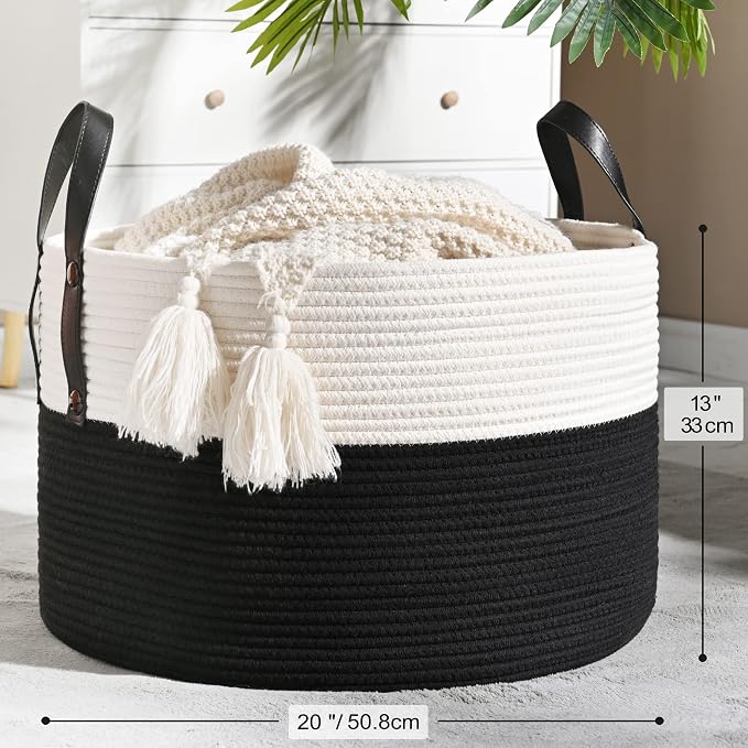 KAKAMAY Large Blanket Basket (20"x13"),Woven Baskets for storage Baby Laundry Hamper, Cotton Rope Blanket Basket for Living Room, Laundry, Nursery, Pillows, Baby Toy chest (White/Black) | Extra Large Capacity | Natural Cotton Rope | Blanket Storage | W...