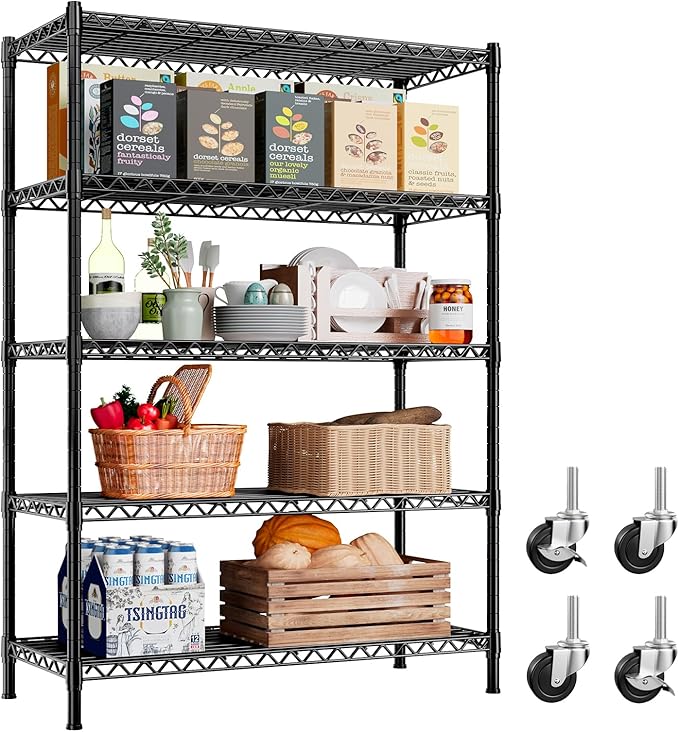 REIBII 5-Tier Storage Shelves 1660LBS Wire Shelving Unit with Wheels | 73''H heavy duty shelves,lock casters or switch to leveling feet, tool-free setup, fits kitchen,pantry,garage,black