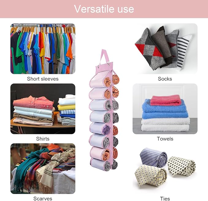 DHSFKBE Legging Organizer Storage, T Shirt Organizer, Foldable Hanging Closet Organizer Storage with 16 Roll Independent Compartments for Yoga Pants, Tank Top, Towel, Underwear (Pink)