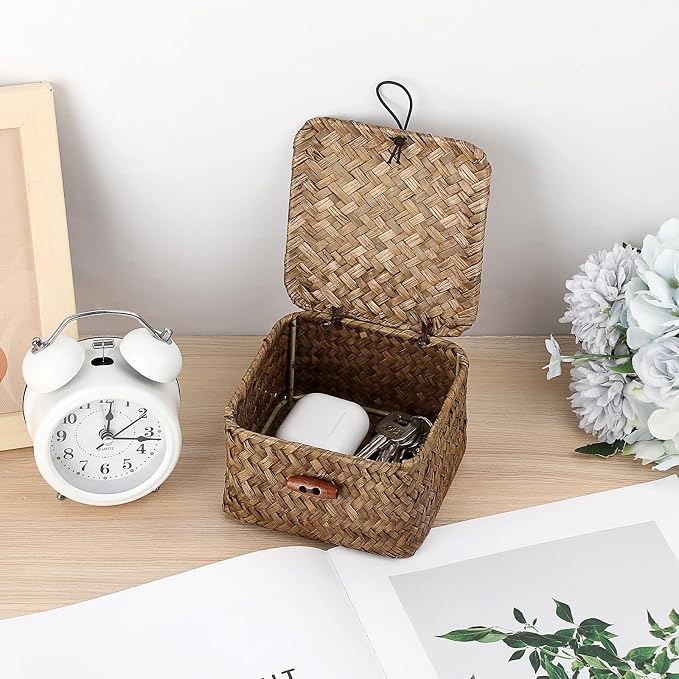 Wicker Basket with Lid Natural Seagrass Storage Box,4.7x 4.7x2.7" | Square Handwoven Basket Box for Shelf, Multipurpose Desktop Organizer Bin for Keys, Candy, Coin
