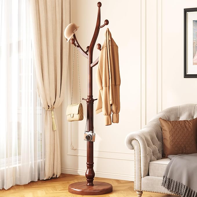 HOMEFORT Coat Rack Freestanding, Wooden Coat Tree Rack with 11 Hooks, Heavy Duty Wood Clothes Hanger with Sturdy Round Base, Vintage Coat Hat Stand for Entryway, Hallway, Bedroom,Walnut