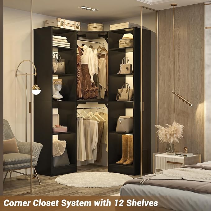 Besiost Corner Closet System with 12 Shelves, 39.2" Corner Organizer | L Shaped Closet with 2 Hanging Rods, Versatile 6-Tier Walk-in Closets for Corner Space, Black (39.2" L x 39.2" W x 80" H)