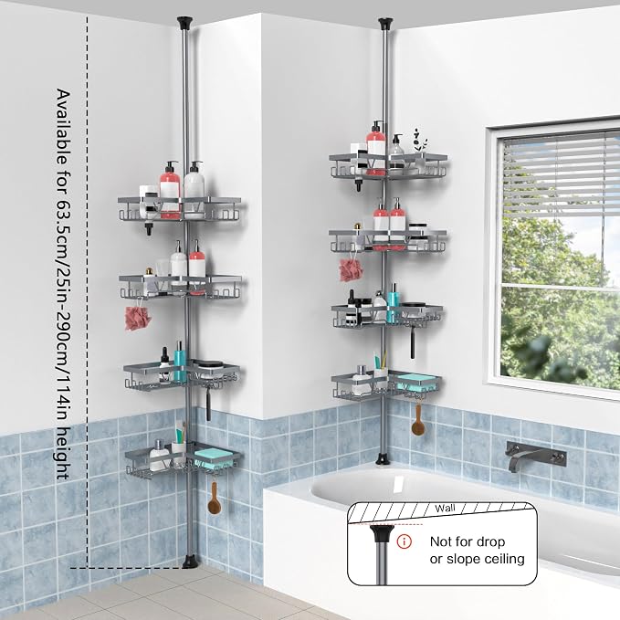 KEGII Shower Caddy Tension Pole, Bathtub Organizer, Light Gray | Adjustable 25-114.2 inch Pole with 28 Hooks, Rustproof Storage Solution for Renters and Modern Bathrooms