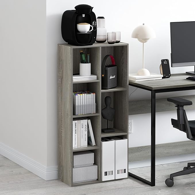 Furinno LUDER Book Shelf, 7-Cube Bookshelf, Bookcase with Open Shelves, 9.4 x 19.5 x 41.7, Easy Assembly, for Living Room, Bedroom, Home Office, French Oak