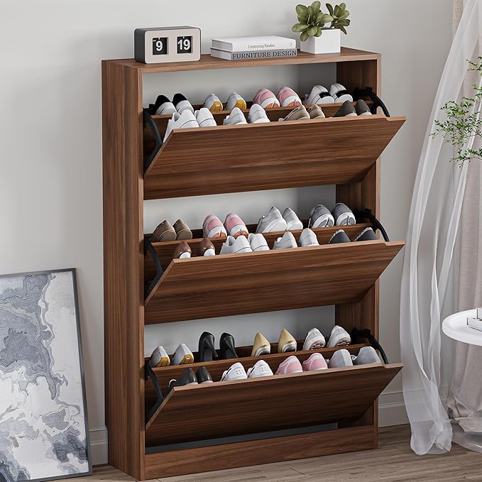 BORNOON Shoe Cabinet with 3 Flip Drawers, Slim Narrow Shoe Storage Cabinet, Freestanding Shoe Organizer with Adjustable & Removable Shelves, Top Display Shelf for Entryway, Hallway, Foyer, Closet