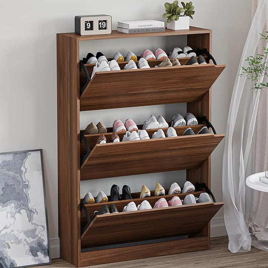 BORNOON Shoe Cabinet with 3 Flip Drawers, Slim Narrow Shoe Storage Cabinet, Freestanding Shoe Organizer with Adjustable & Removable Shelves, Top Display Shelf for Entryway, Hallway, Foyer, Closet