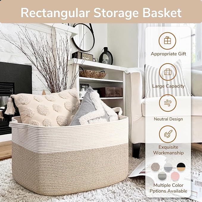 Goodpick Extra Large Cotton Rope Basket, Rectangle, White & Light Brown | 85L, 23.6 x 15.7 x 13.8 in, Handles, Blankets, Toys & Dirty Clothes Storage, Living Room, Nursery & Bedroom Organization