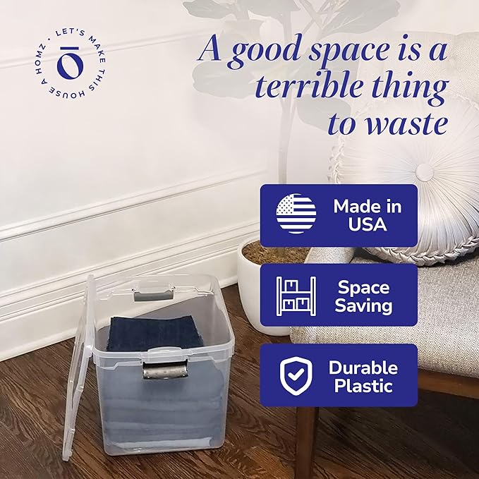 HOMZ 31 Quart Secure Seal Latch Clear Plastic Bin | Stackable & Nestable | Easy Grip Latching Handles | Home, Office, Dorm Room Organization | Grey Handles, 4 Pack | Stackable Container Set for Home, Office Shelves, Kitchen, Garage, and Bathroom Organi...