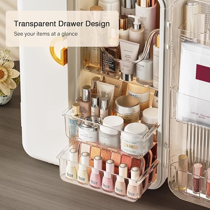 Makeup Organizer for Vanity, Large Capacity Skincare Organizers and Storage with Drawers, Dustproof Cosmetic Display Case for Bathroom Countertop, Trendy Teen Girl Gifts, White