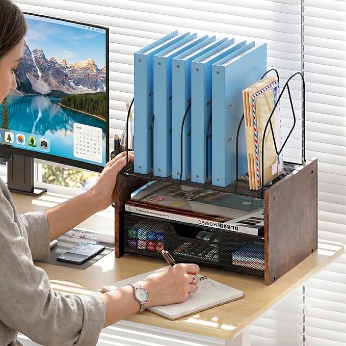 Desk Organizer with Drawer, Desktop File Organizer and Paper Tray Organizer with Vertical File Holder, Office Desk Accessories for Mail, Documents, Papers, Notebooks and Home Office Storage