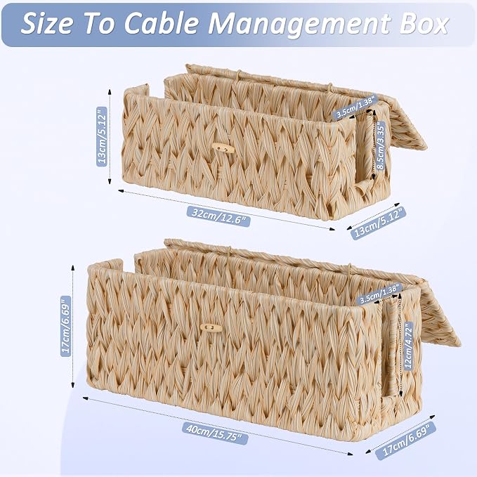 efluky 2 Pack Plastic Floor Cord Covers with Lid, Hand-Woven Cable Management Box, 2 Open Slots Cord Box to to Hide USB Wire, Power Strip & Charger for Home & Office and Dorm, Milky White