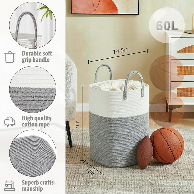 Laundry Basket,Woven Cotton Rope Laundry Hamper,Versatile Storage for Dirty Clothes,Baby Toys,and Blankets in Bathroom, Nursery,and Living Room (Grey, 60L)