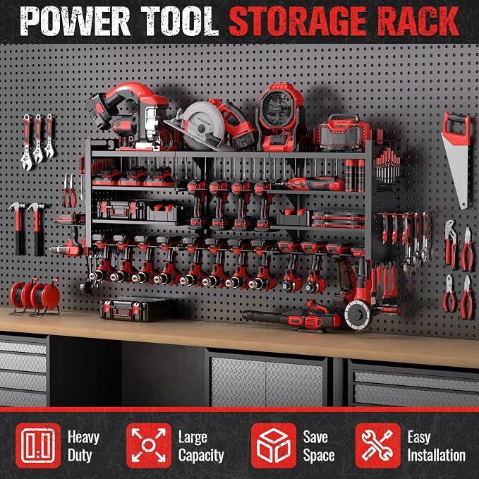 49.8" Power Tool Organizer Wall Mount,Holds 18 Cordless Drills | Large 4-Tier Tool Storage Rack, Heavy Duty 450 lb Load Capacity for Garage Workshop, Black, Gift for Men