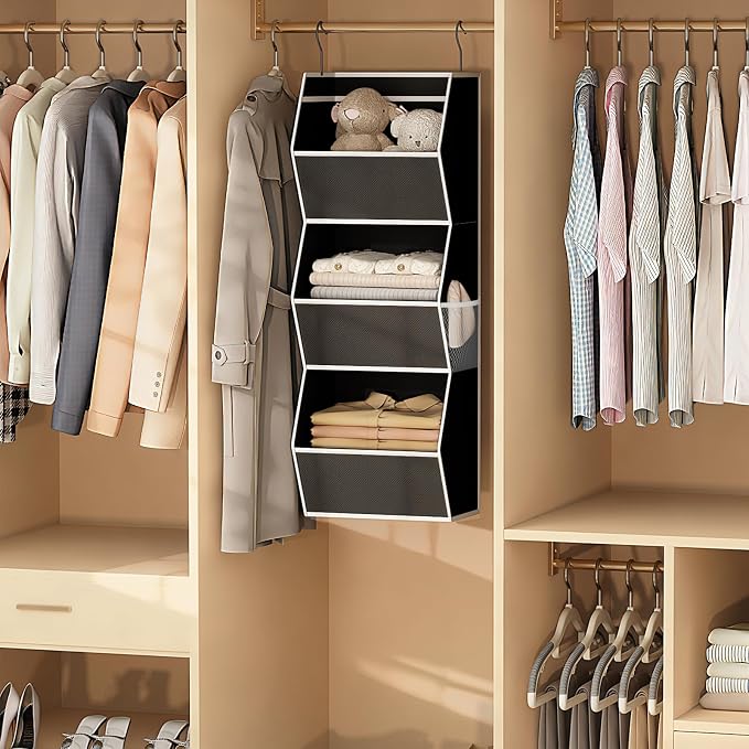 Hanging Closet Organizer 3 Shelf Collapsible Bedroom Closet Organizers and Storage Hanging with Mesh Pocket for Clothes, Closet Hanging Organizers and Storage for Fabric Wardrobe Space Saver, Black