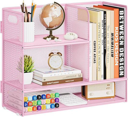 Marbrasse Desk Shelf Organizer with Handle, Bookshelf File Holder, Pink | 3-Tier Desktop Mesh Display Shelf Organizer Storage Rack for Office, Home, Supplies, Kitchen