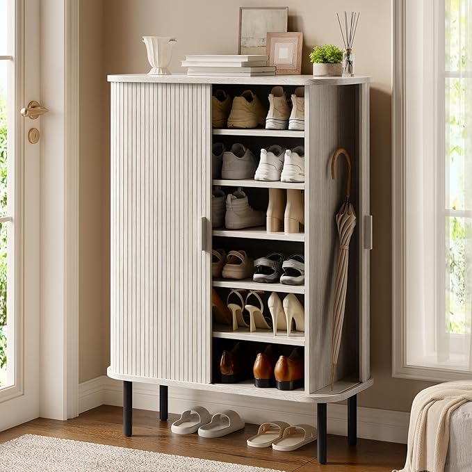 ONBRILL 6-Tier Shoe Cabinet with Sliding Door, Wooden Shoe Storage Cabinet with Adjustable Shelves, Mid-Century Modern Freestanding Shoe Storage Organizer for Entryway, Living Room, Hallway