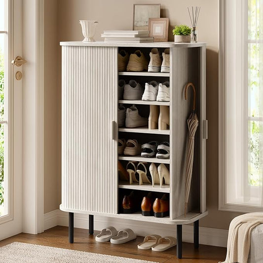 ONBRILL 6-Tier Shoe Cabinet with Sliding Door, Wooden Shoe Storage Cabinet with Adjustable Shelves, Mid-Century Modern Freestanding Shoe Storage Organizer for Entryway, Living Room, Hallway
