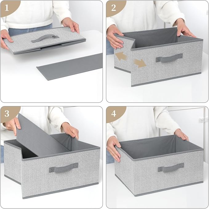 Storage Baskets, 15.7 Inch Woven Fabric Bins, Storage Cubes with Reinforced Handles, Organizer Bins for Closet Shelves, Foldable, for Toys, Clothes (4PCS/Grey-15.7*11*7.8inch)